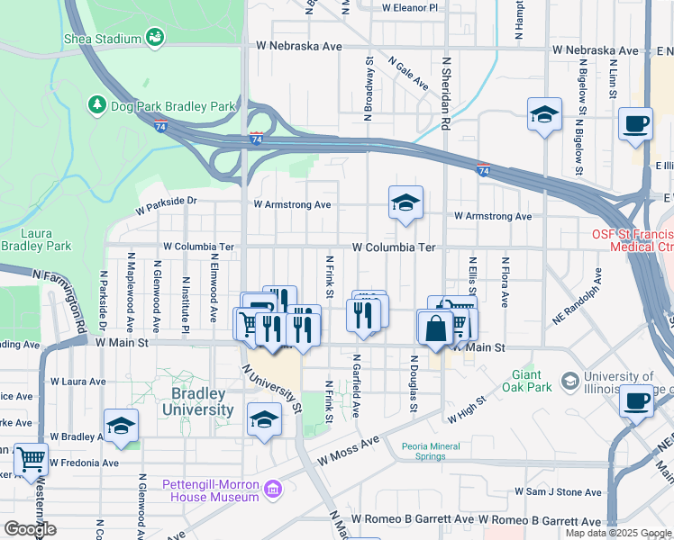 map of restaurants, bars, coffee shops, grocery stores, and more near 1212 North Frink Street in Peoria