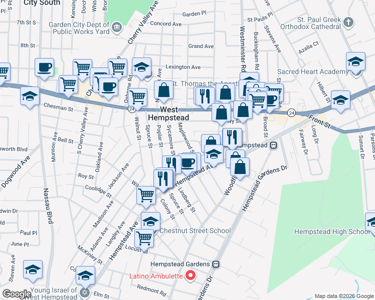 map of restaurants, bars, coffee shops, grocery stores, and more near 92 Maplewood Street in West Hempstead