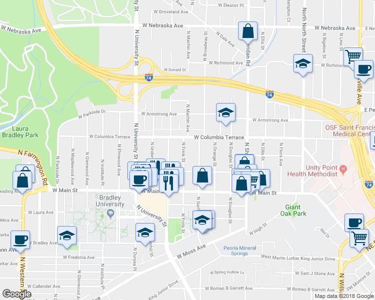 map of restaurants, bars, coffee shops, grocery stores, and more near 1212 North Frink Street in Peoria