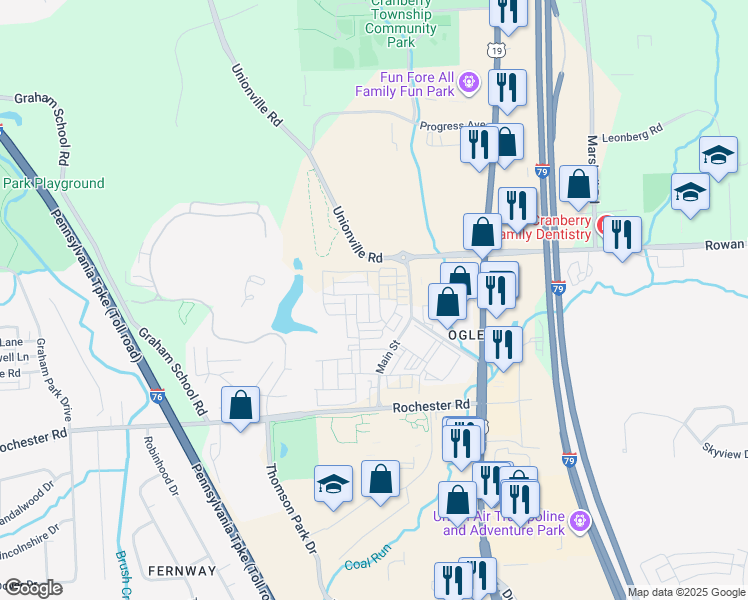 map of restaurants, bars, coffee shops, grocery stores, and more near 311 Harlequin Street in Cranberry Township