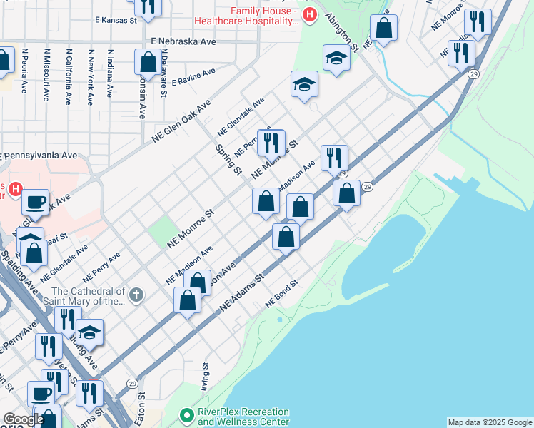 map of restaurants, bars, coffee shops, grocery stores, and more near 411 Spring Street in Peoria