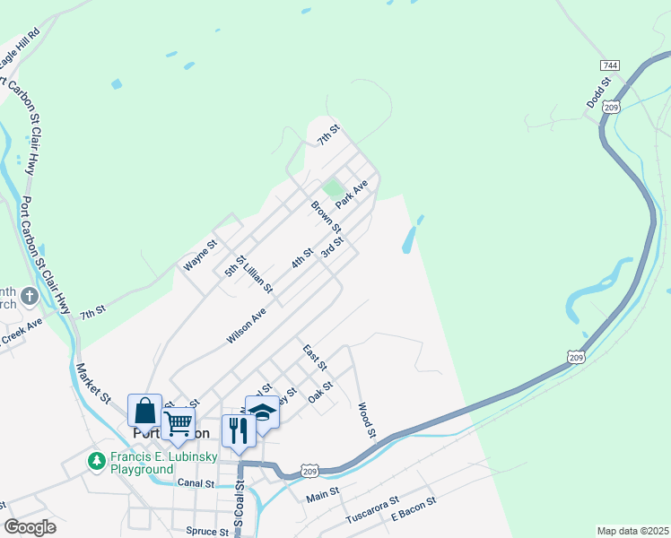 map of restaurants, bars, coffee shops, grocery stores, and more near 621 2nd Street in Port Carbon