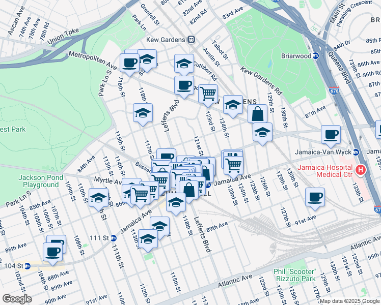 map of restaurants, bars, coffee shops, grocery stores, and more near 85-25 120th Street in Queens