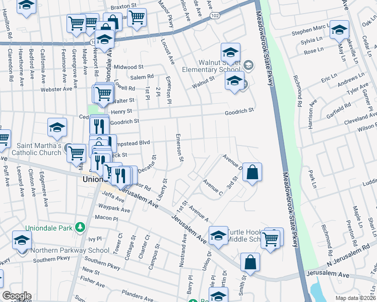 map of restaurants, bars, coffee shops, grocery stores, and more near 530 Berkley Street in Uniondale