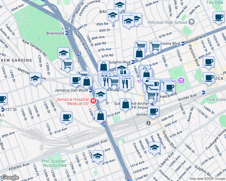 map of restaurants, bars, coffee shops, grocery stores, and more near 138-60 Jamaica Avenue in Queens
