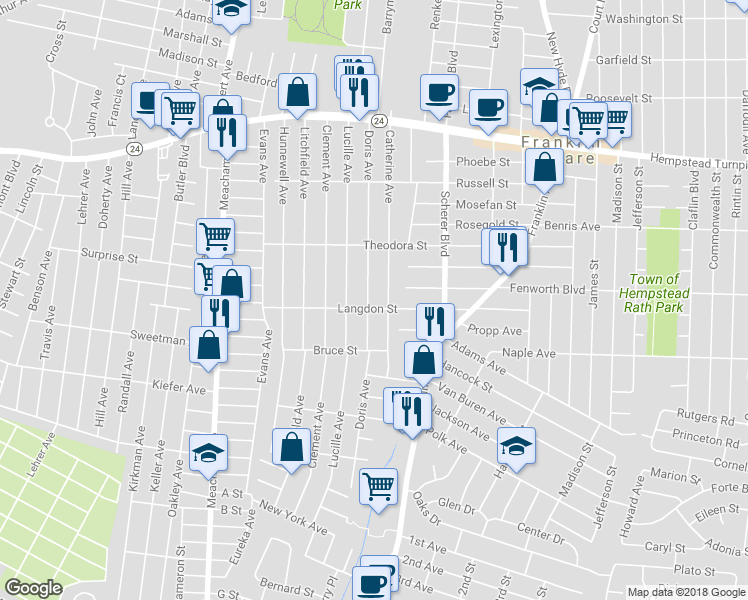 map of restaurants, bars, coffee shops, grocery stores, and more near 209 Doris Avenue in Franklin Square