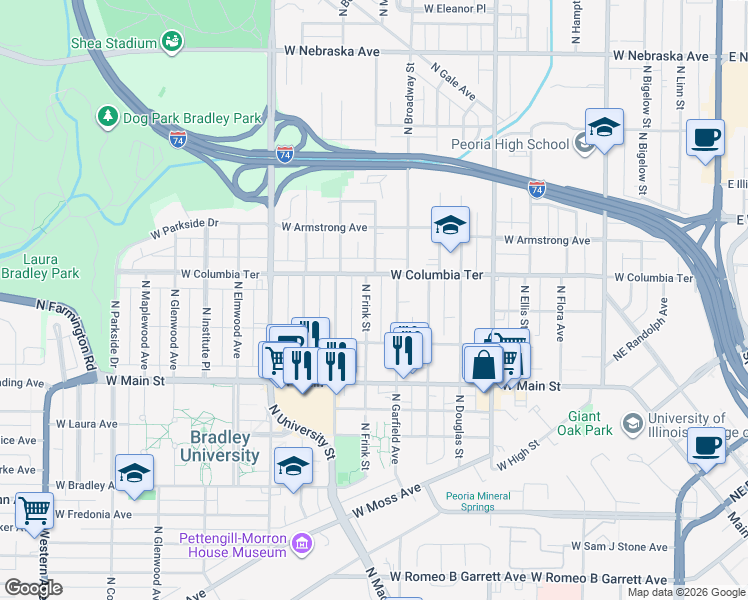 map of restaurants, bars, coffee shops, grocery stores, and more near 1212 North Frink Street in Peoria