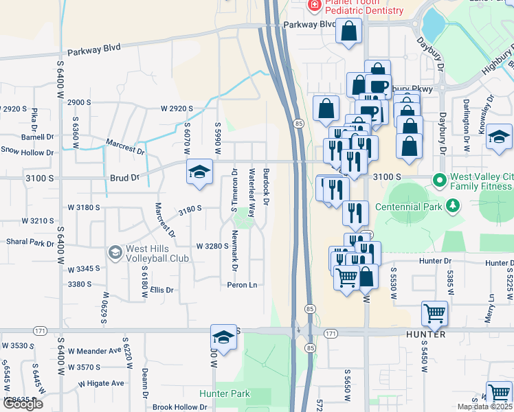 map of restaurants, bars, coffee shops, grocery stores, and more near 3173 Waterleaf Way in West Valley City