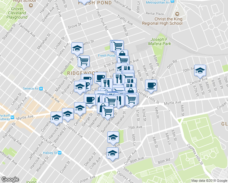 map of restaurants, bars, coffee shops, grocery stores, and more near 60-46 69th Avenue in Queens