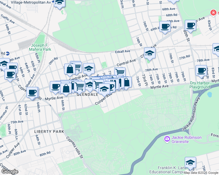 map of restaurants, bars, coffee shops, grocery stores, and more near 71-69 70th Street in Queens