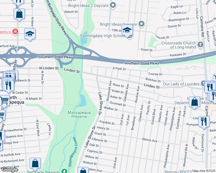 map of restaurants, bars, coffee shops, grocery stores, and more near 524 Roosevelt Avenue in Massapequa Park