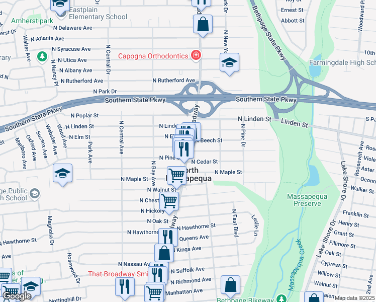 map of restaurants, bars, coffee shops, grocery stores, and more near North Broadway & North Pine Street in Massapequa