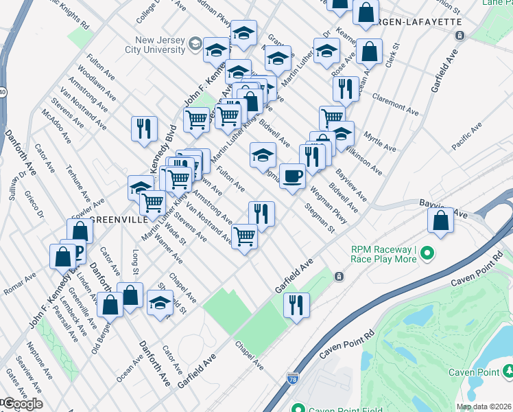 map of restaurants, bars, coffee shops, grocery stores, and more near 100 Fulton Avenue in Jersey City