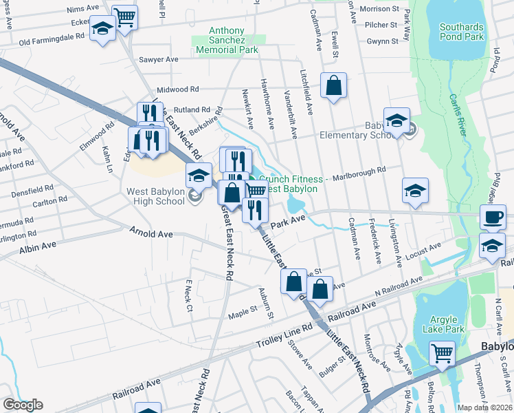 map of restaurants, bars, coffee shops, grocery stores, and more near 9 Haab Avenue in Babylon