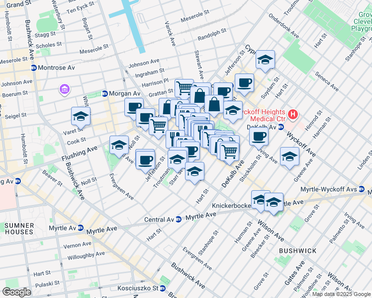 map of restaurants, bars, coffee shops, grocery stores, and more near 101 Starr Street in Brooklyn