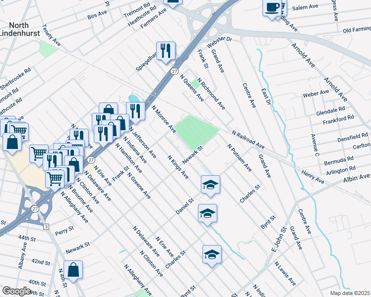 map of restaurants, bars, coffee shops, grocery stores, and more near 629 North Monroe Avenue in Lindenhurst