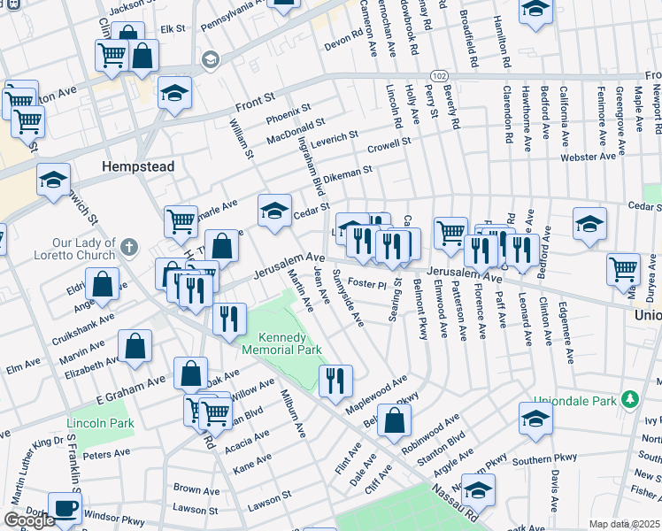 map of restaurants, bars, coffee shops, grocery stores, and more near 222 Jerusalem Avenue in Hempstead