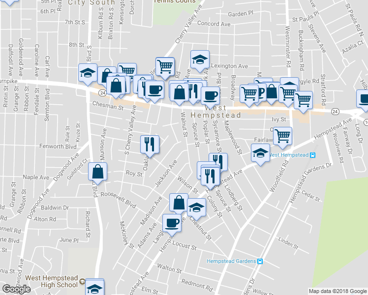 map of restaurants, bars, coffee shops, grocery stores, and more near 308 Jackson Avenue in West Hempstead