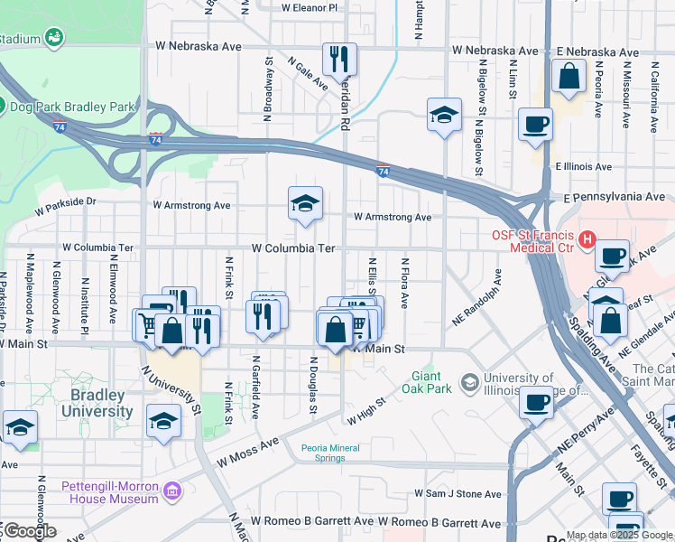 map of restaurants, bars, coffee shops, grocery stores, and more near 1205 North Sheridan Road in Peoria