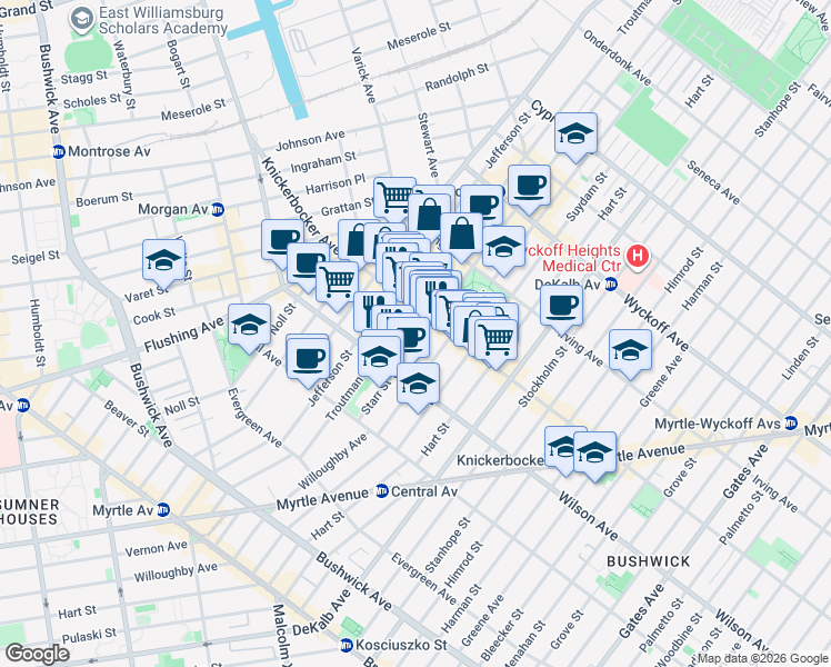 map of restaurants, bars, coffee shops, grocery stores, and more near 99 Starr Street in Brooklyn