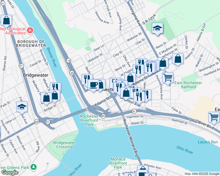 map of restaurants, bars, coffee shops, grocery stores, and more near in Rochester