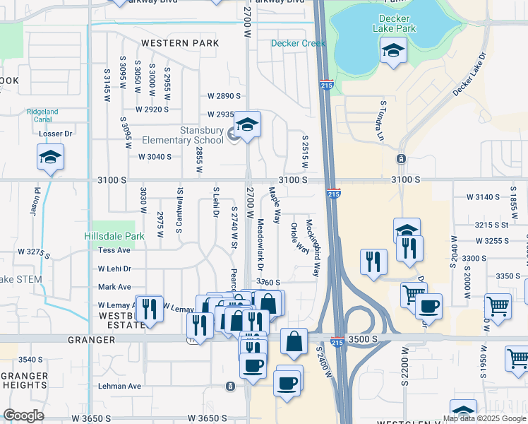map of restaurants, bars, coffee shops, grocery stores, and more near 3183 Meadow Lark Drive in West Valley City