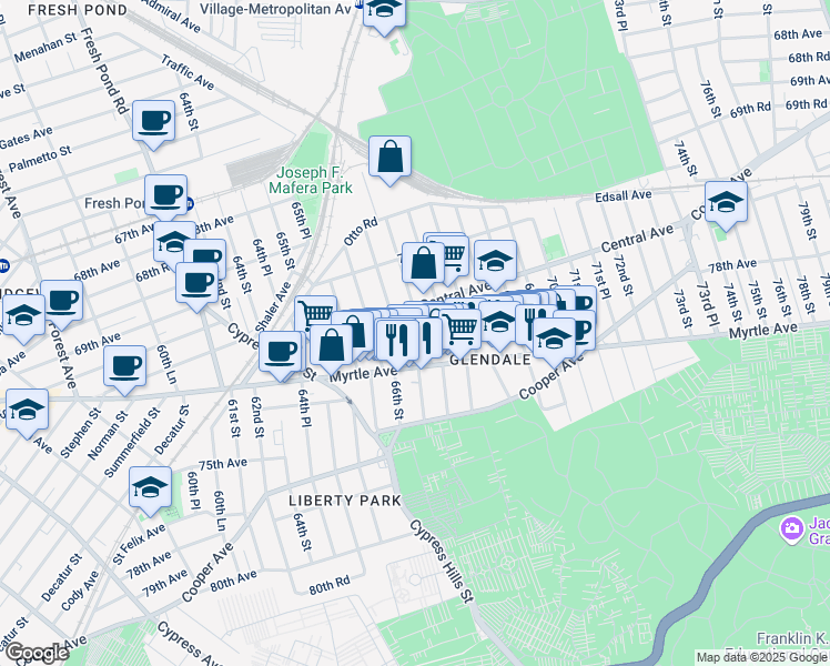 map of restaurants, bars, coffee shops, grocery stores, and more near 71-20 67th Street in Queens
