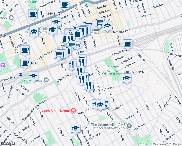 map of restaurants, bars, coffee shops, grocery stores, and more near 169-21 104th Avenue in Queens