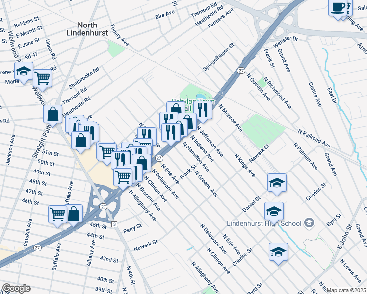 map of restaurants, bars, coffee shops, grocery stores, and more near 840 North Hamilton Avenue in Lindenhurst