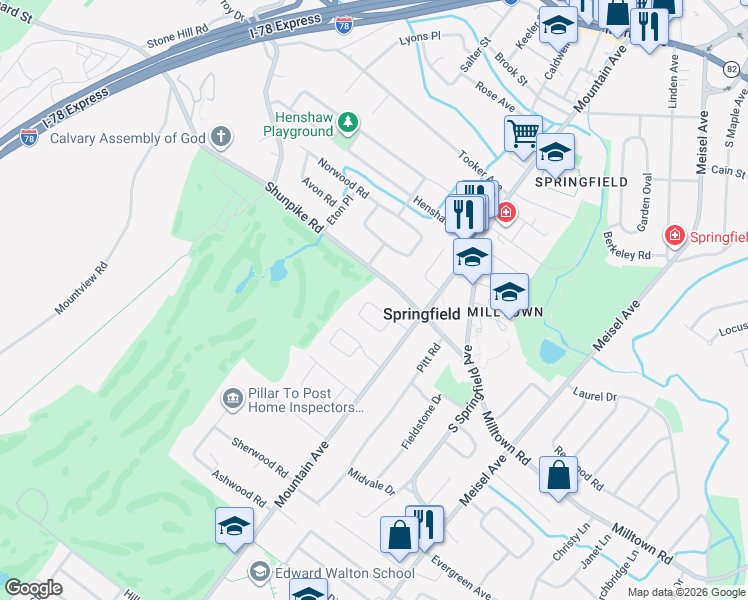 map of restaurants, bars, coffee shops, grocery stores, and more near 42 Kew Drive in Springfield