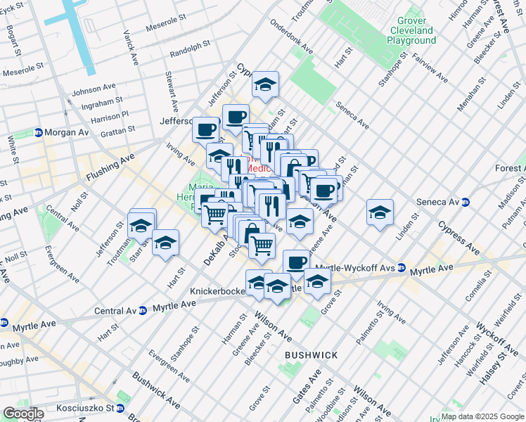 map of restaurants, bars, coffee shops, grocery stores, and more near 169 Irving Avenue in Brooklyn