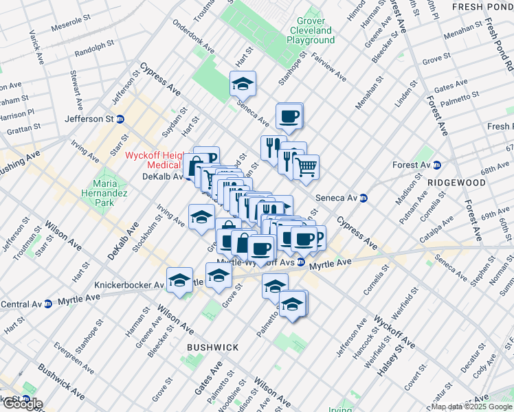 map of restaurants, bars, coffee shops, grocery stores, and more near 397 Bleecker Street in Brooklyn