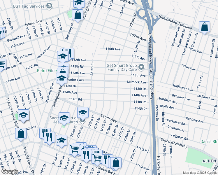 map of restaurants, bars, coffee shops, grocery stores, and more near 223-05 113th Drive in Queens