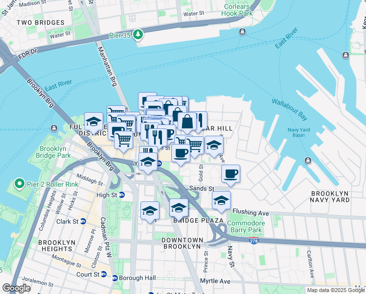 map of restaurants, bars, coffee shops, grocery stores, and more near 71 Bridge Street in Brooklyn