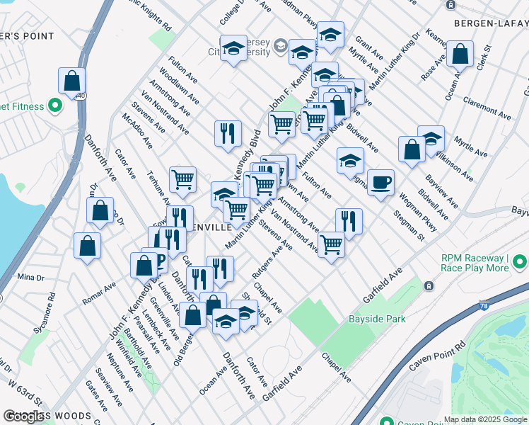 map of restaurants, bars, coffee shops, grocery stores, and more near 70 Martin Luther King Drive in Jersey City