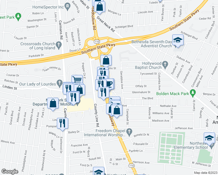 map of restaurants, bars, coffee shops, grocery stores, and more near 16 Main Street in Amityville