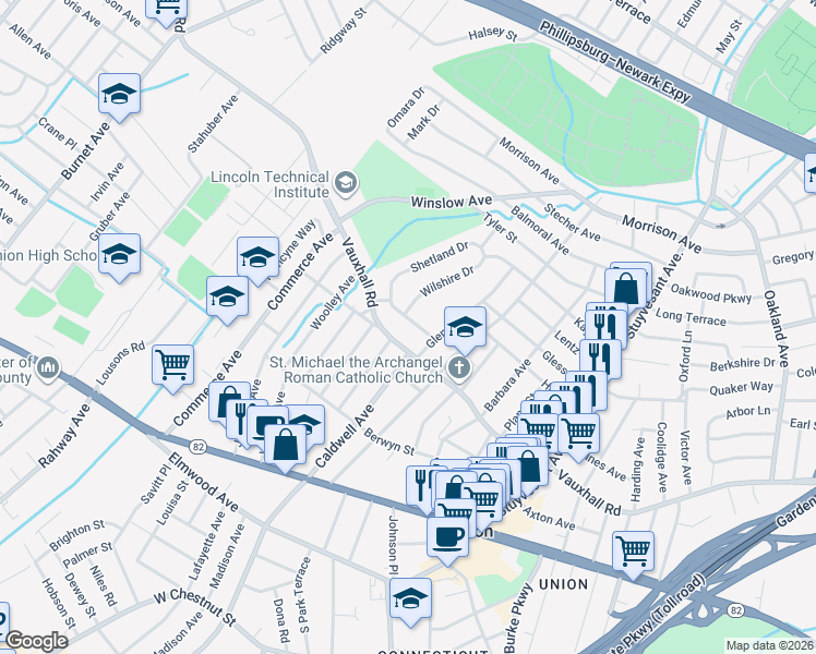 map of restaurants, bars, coffee shops, grocery stores, and more near 2960 Aberdeen Road in Union