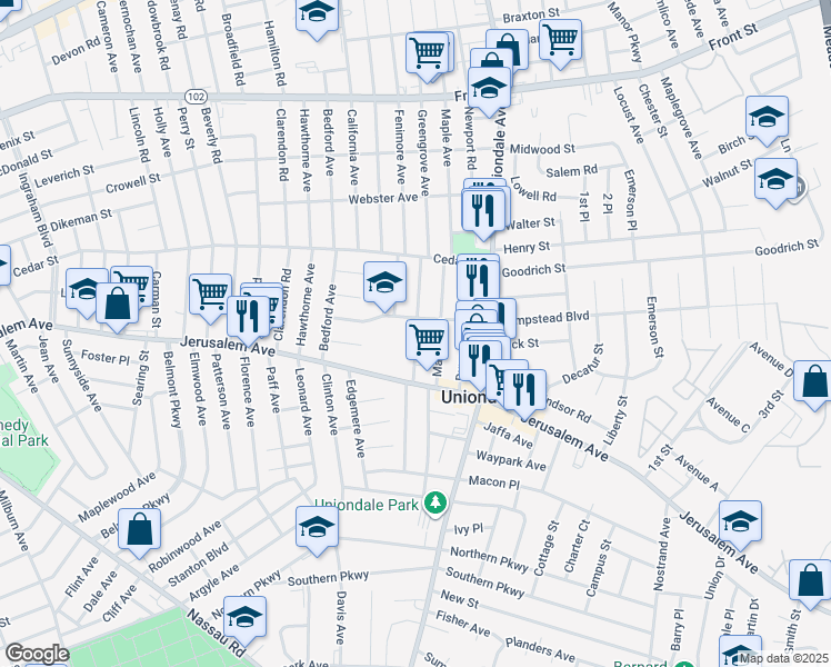 map of restaurants, bars, coffee shops, grocery stores, and more near 526 Greengrove Avenue in Uniondale