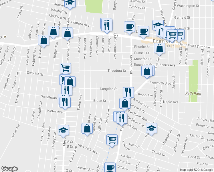 map of restaurants, bars, coffee shops, grocery stores, and more near 208 Doris Ave in Franklin Square