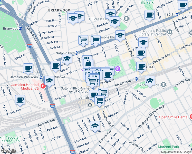 map of restaurants, bars, coffee shops, grocery stores, and more near 90-20 148th Street in Queens