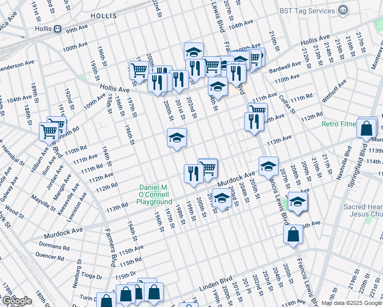 map of restaurants, bars, coffee shops, grocery stores, and more near 112-12 201st Street in Queens