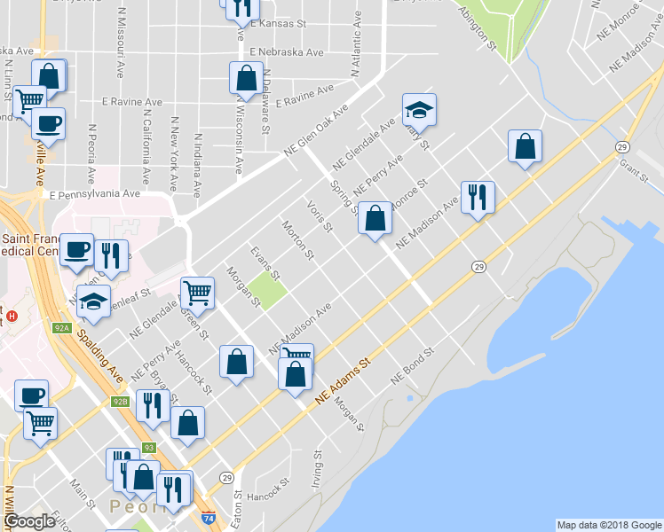 map of restaurants, bars, coffee shops, grocery stores, and more near 1106 NE Monroe St in Peoria