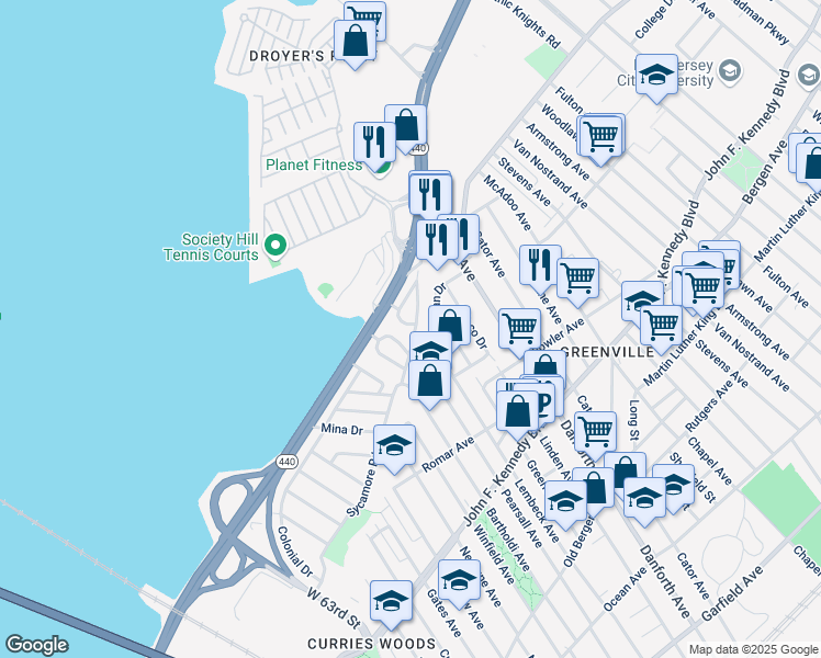 map of restaurants, bars, coffee shops, grocery stores, and more near 45 Suburbia Drive in Jersey City