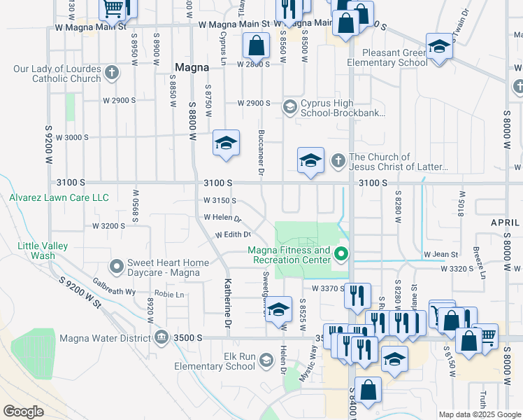 map of restaurants, bars, coffee shops, grocery stores, and more near 8661 West 3150 South in Magna