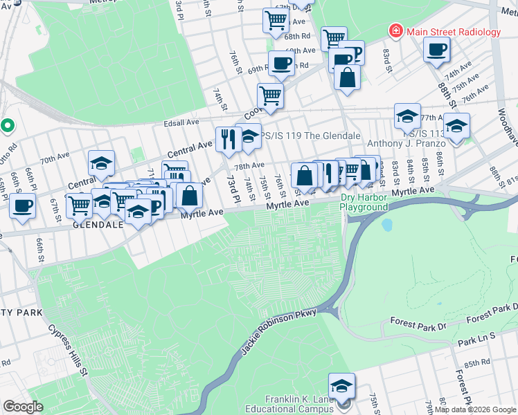 map of restaurants, bars, coffee shops, grocery stores, and more near 73-35 Myrtle Avenue in Queens