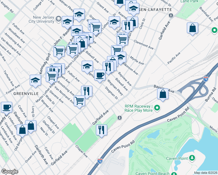 map of restaurants, bars, coffee shops, grocery stores, and more near 60 Stegman Street in Jersey City