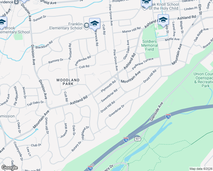 map of restaurants, bars, coffee shops, grocery stores, and more near 21 Plymouth Road in Summit