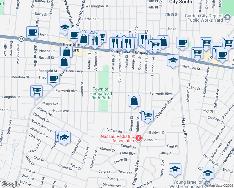 map of restaurants, bars, coffee shops, grocery stores, and more near 198 Commonwealth Street in Franklin Square