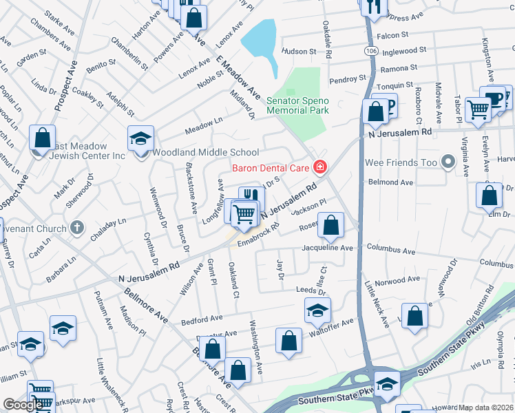 map of restaurants, bars, coffee shops, grocery stores, and more near 2068 Central Drive South in East Meadow