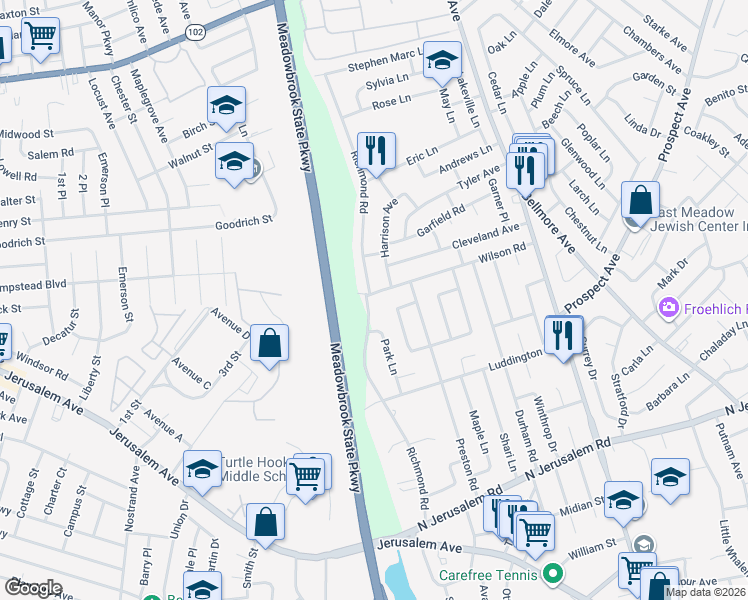 map of restaurants, bars, coffee shops, grocery stores, and more near 1351 Wilson Road in East Meadow
